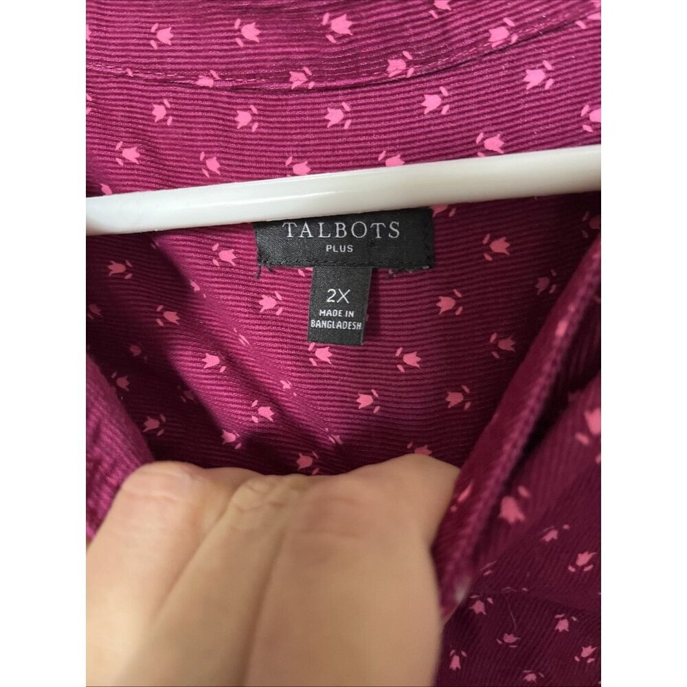 Talbots‎ Button Down Women 2X Burgundy Corduroy Floral Band Collar Long Sleeve - Picture 2 of 7
